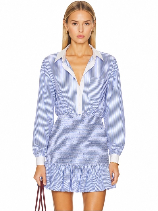 Dresses & Skirts - Fashion Forward Trendy Classy Blue Striped Shirt-Skirt Mini Dress - Large